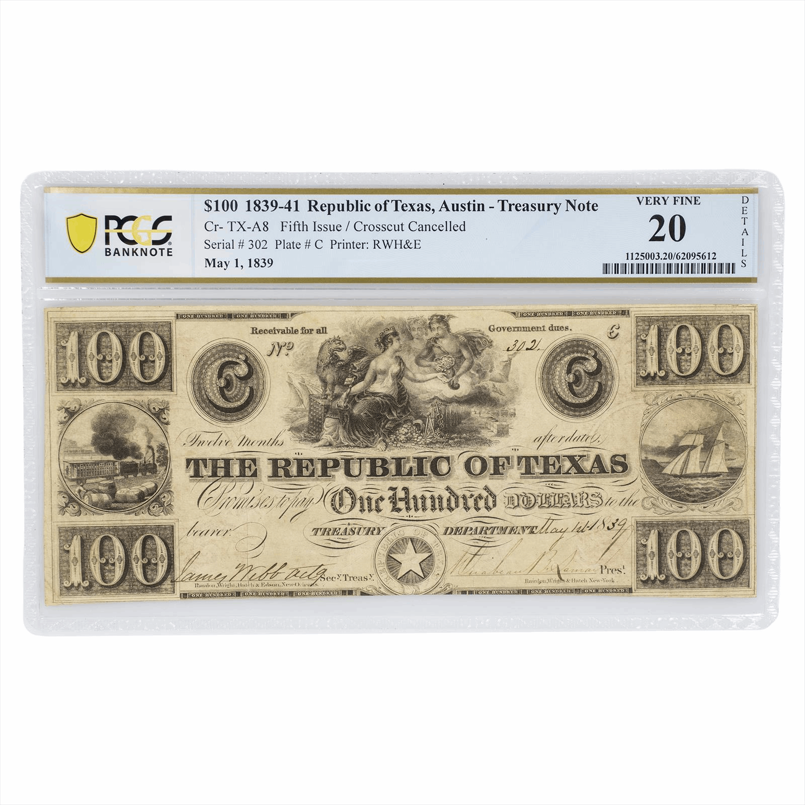 1839 Republic of Texas $100 Austin Red Back Treasury Note PCGS VF 20