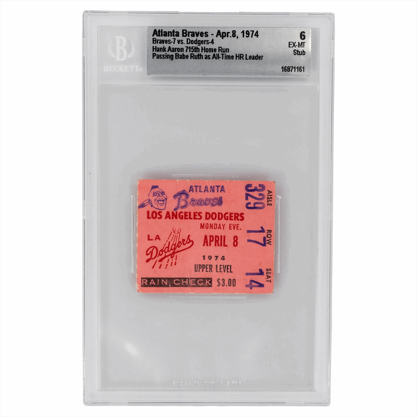 1974 Atlanta Braves April 8, 1974 Braves-7 Dodgers-4 Hank Aaron 715th Home Run Beckett EX-MT 6