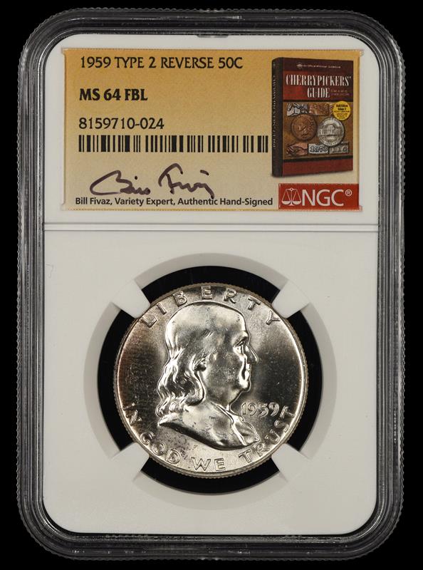 1959 P T2 Reverse Franklin Half Dollar FBL Bill Fivaz Signature Label NGC  MS 64