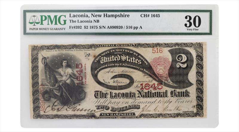 1875 $2 Laconia, New Hampshire - Fr# 392 - PMG Very Fine 30 - The Laconia NB