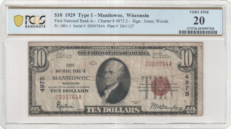 Fr. 1801-1 1929 $10 Type 1 Manitowoc, Wisconsin 4975.2 PCGS VF20 
