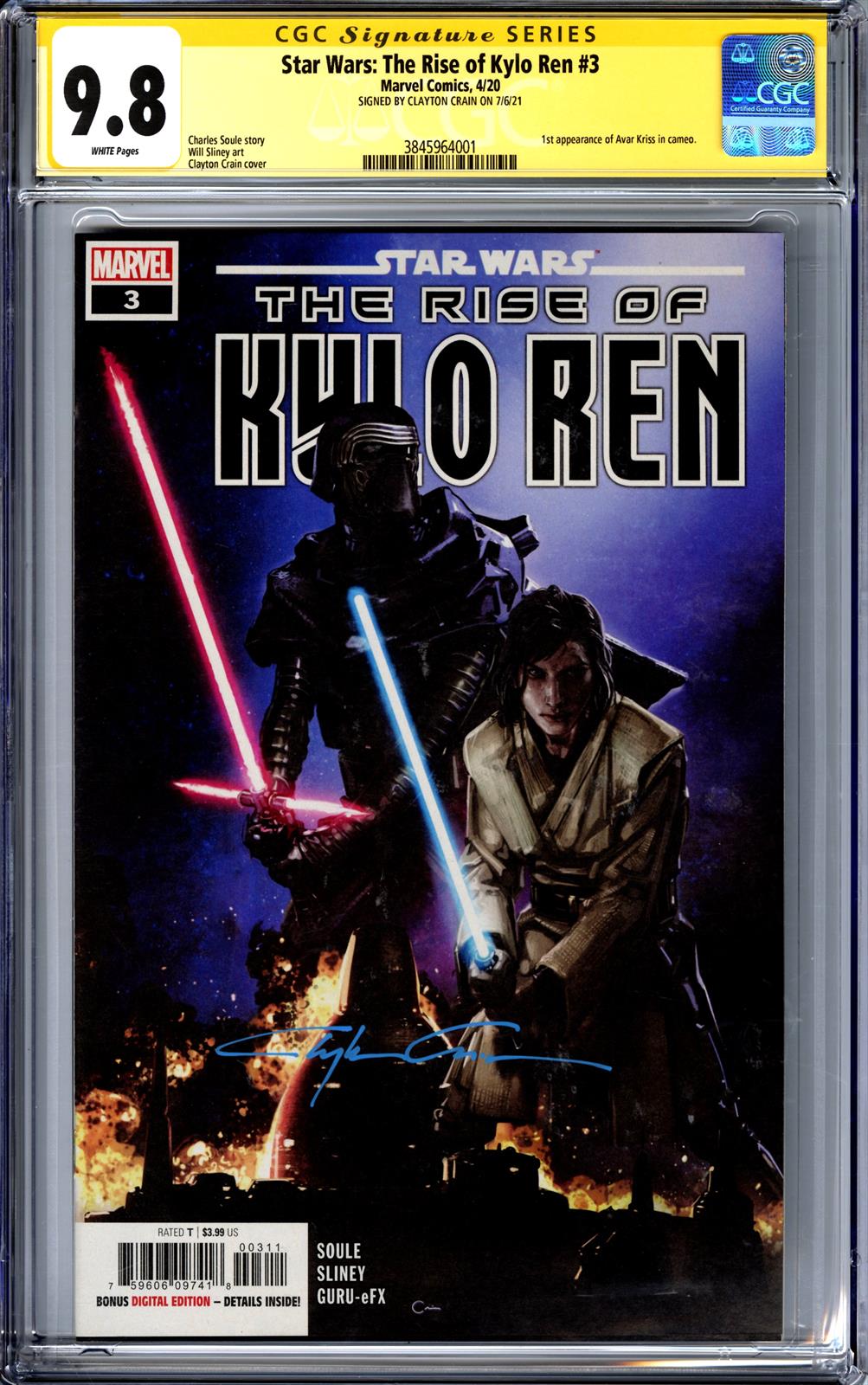 Star Wars: The Rise of Kylo Ren #3 Marvel Comics 4/20 Signed by Clayton Crain CGC Signature Series 9.8