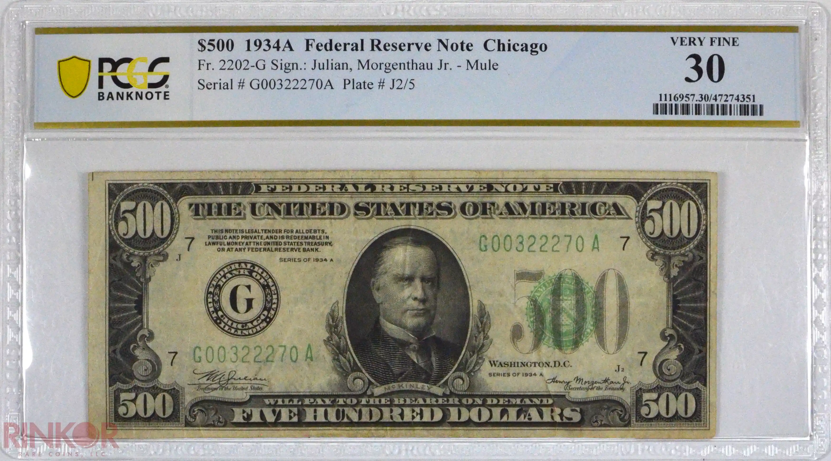1934A $500 Fr. 2202-G Federal Reserve Note PCGS VF-30