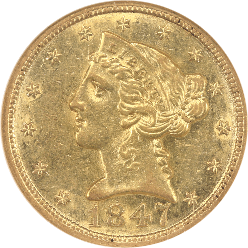 1847 Liberty $5 Gold Half Eagle NGC and CAC AU 58 MPD 7 in Denticles 
