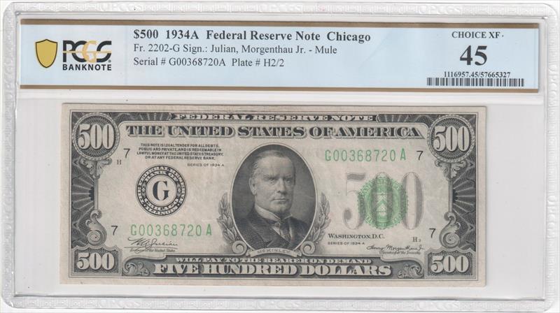Fr. 2202-G Mule 1934A Federal Reserve Note Chicago $500 PCGS XF45 