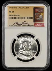 1958 P T2 Reverse Franklin Half Dollar Bill Fivaz Signature Label NGC  MS 64