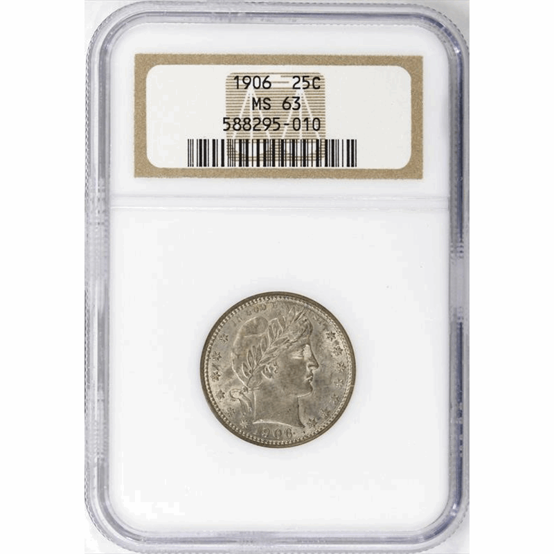 1906 25c Barber Silver Quarter - NGC MS63 - Great Strike - Lightly Toned