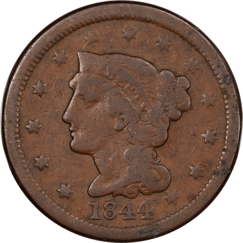 1844/Inv 184 Braided Hair Large Cent 1c Circulated, Fine - Nice Variety