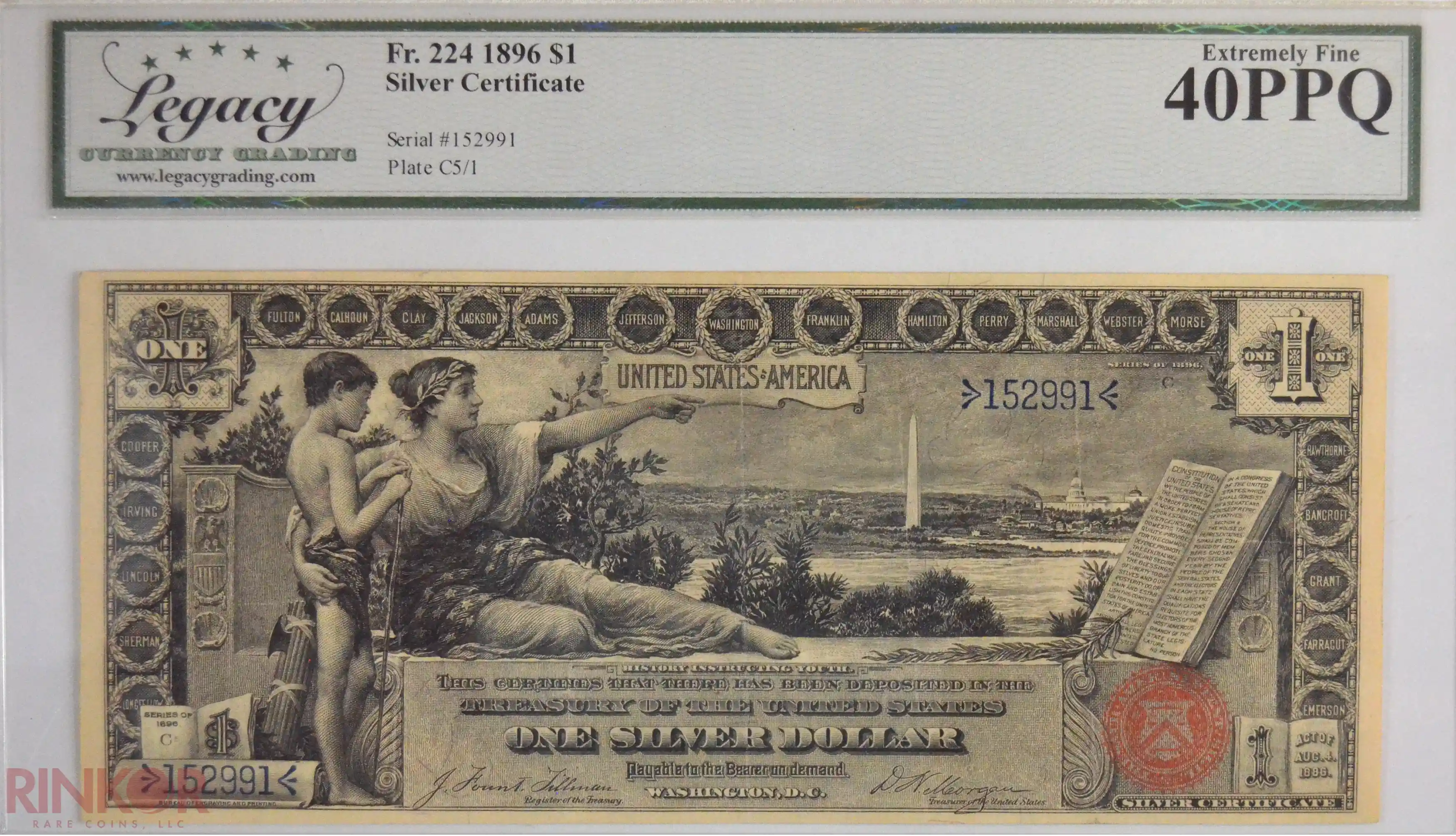 1896 $1 Fr. 224 Educational Silver Certificate LCG XF-40 PPQ