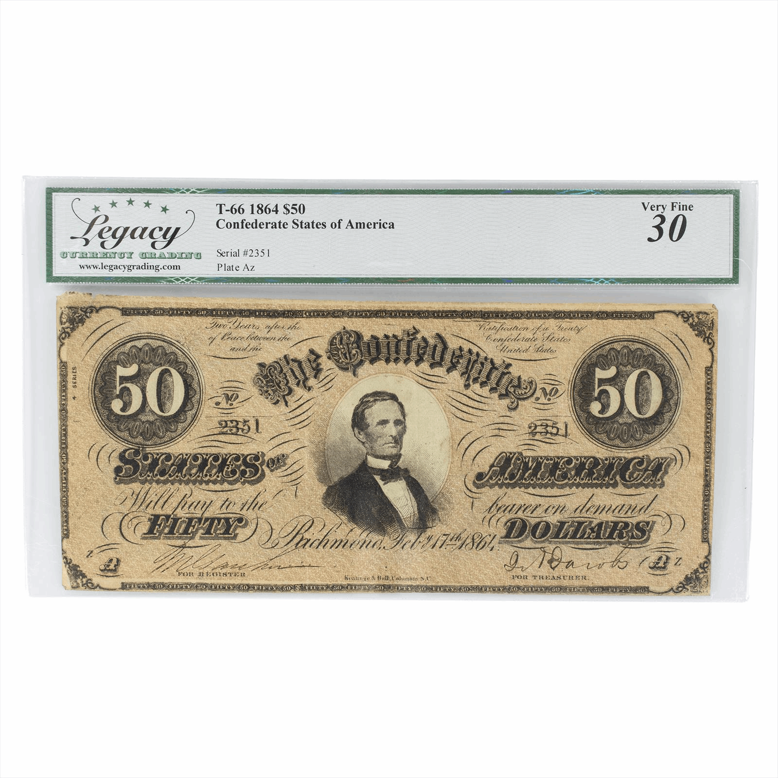T66 1864 Confederate States of America Note $50 Legacy Very Fine 30