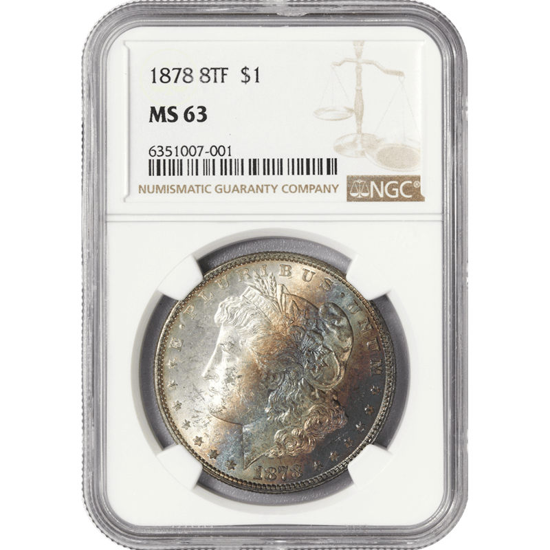1878 8TF  Morgan Silver Dollar $1, NGC MS 63 - Rainbow Toning