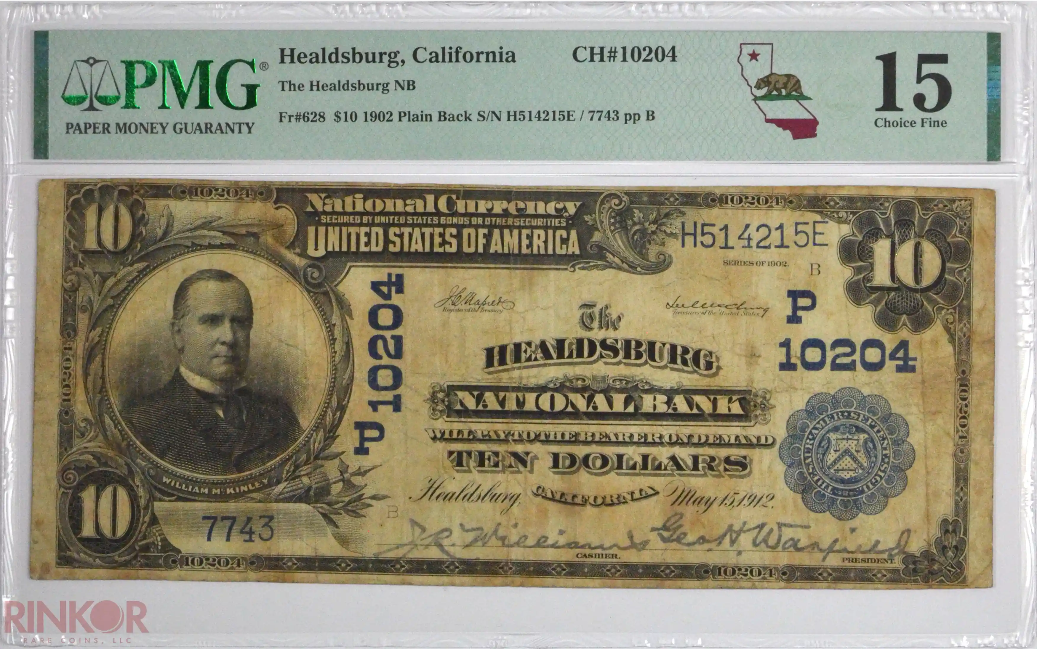 1902 Plain Back $10 Fr. 628 Charter #10204 National Bank Note PMG F-15