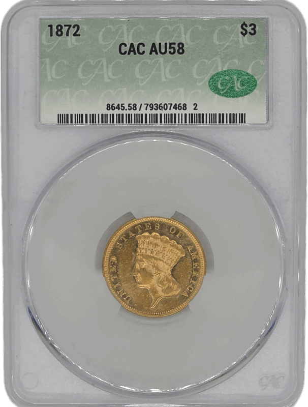 1872 Indian Princess Head $3 GOLD CACG AU58