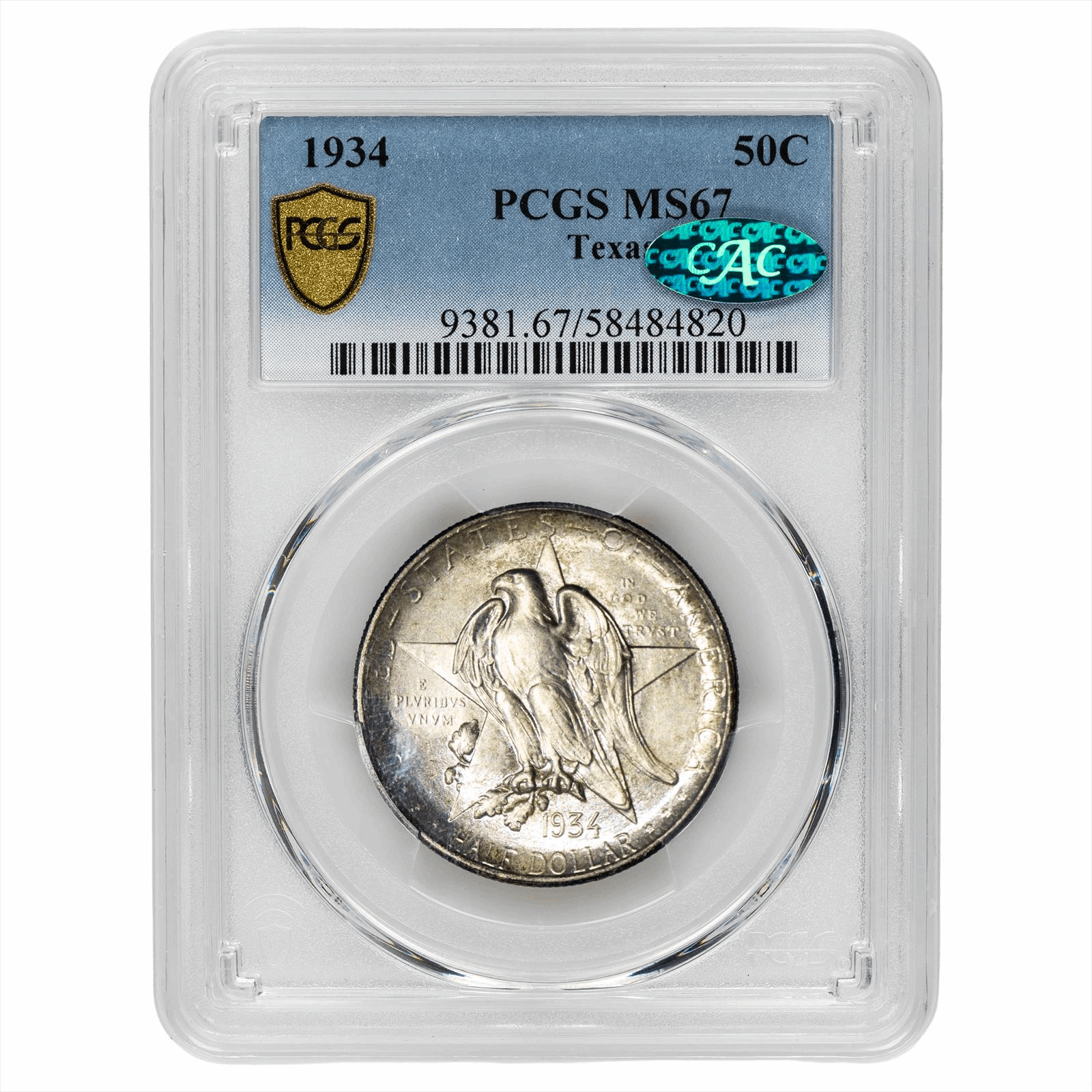1934 Texas Commemorative Half Dollar 50C PCGS MS 67 CAC
