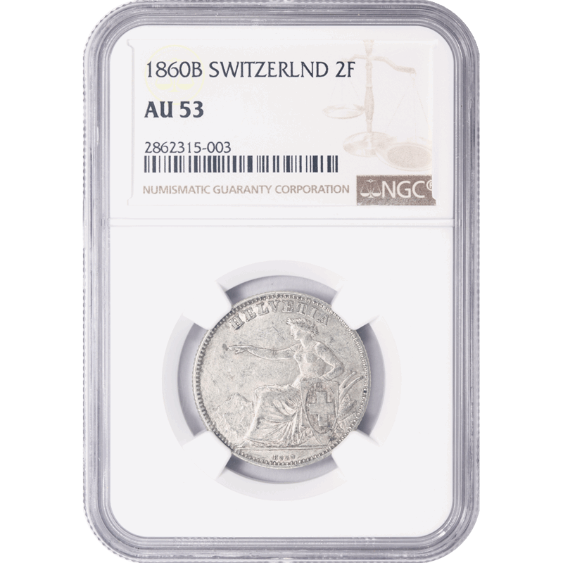 Switzerland 1860B Two Francs Silver NGC AU 53