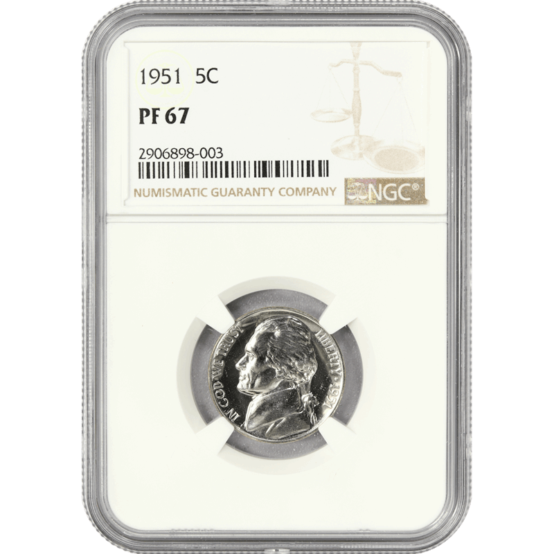 1951 Jefferson Nickel 5c, NGC PF 67 - Lovely White Coin
