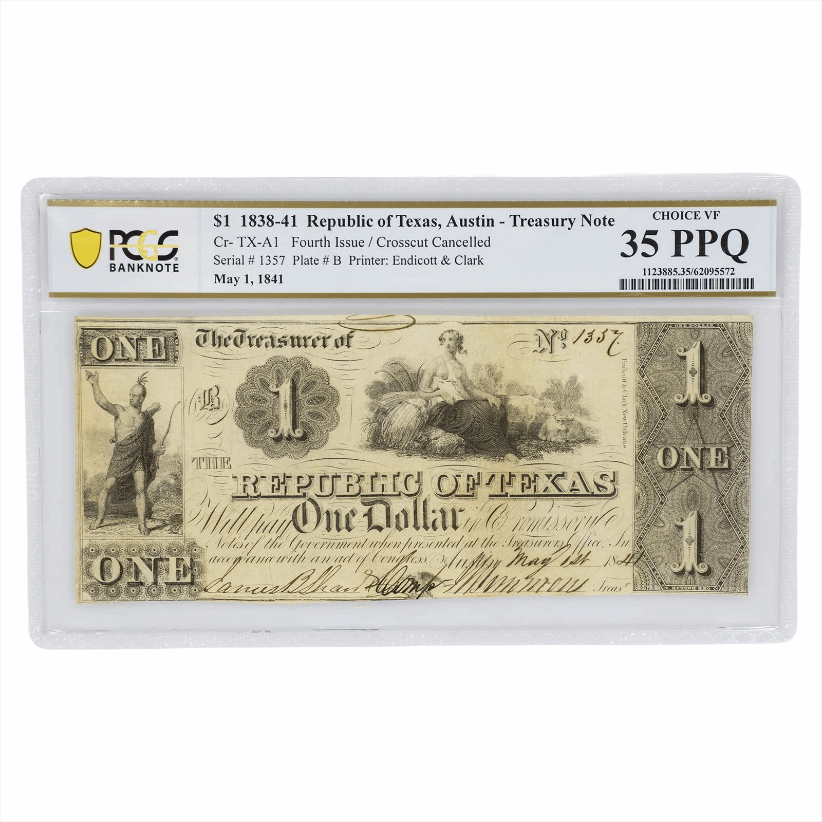 1841 Republic of Texas $1 Austin Red Back Treasury Note PCGS VF35 