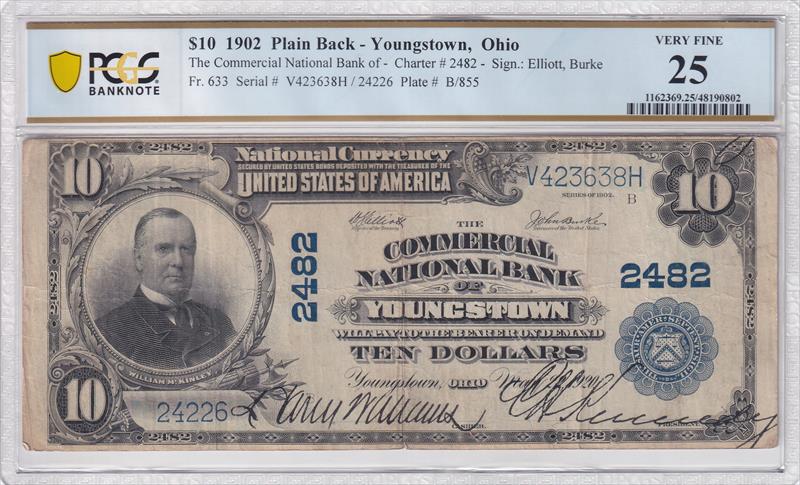 Fr. 633 1902 $10 The Commercial National Bank of Youngstown Ch. # 2482 Plain Back PCGS VF25 
