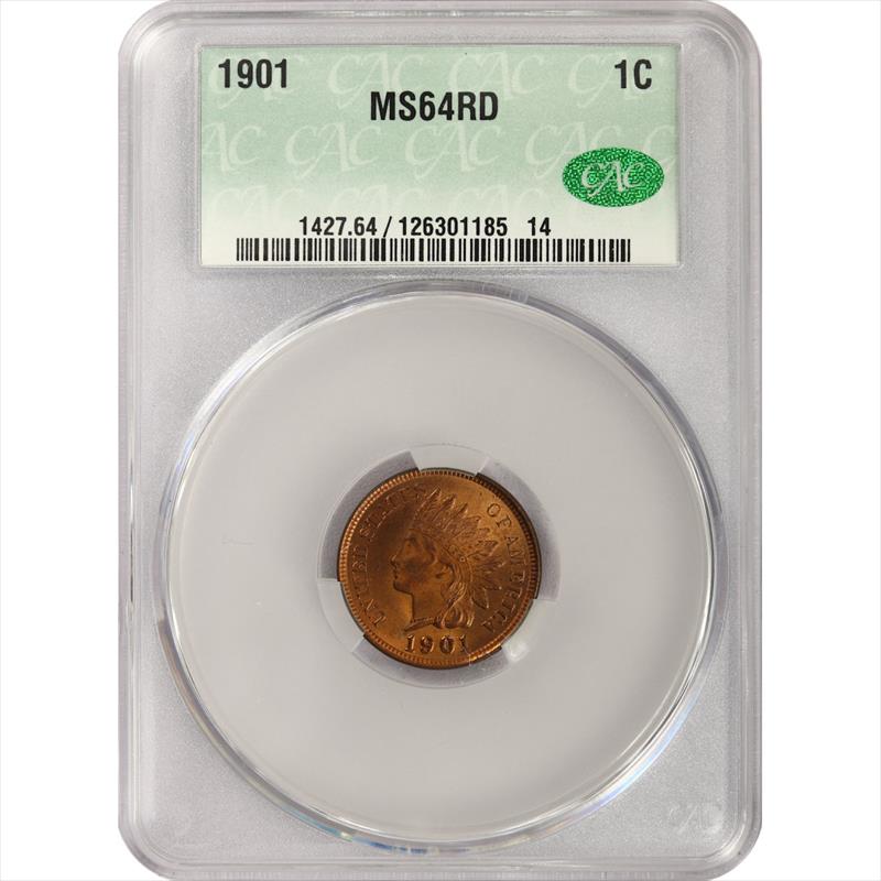 1901 Indian Head Cent 1c, CACG MS64RD CAC - Very Nice Color