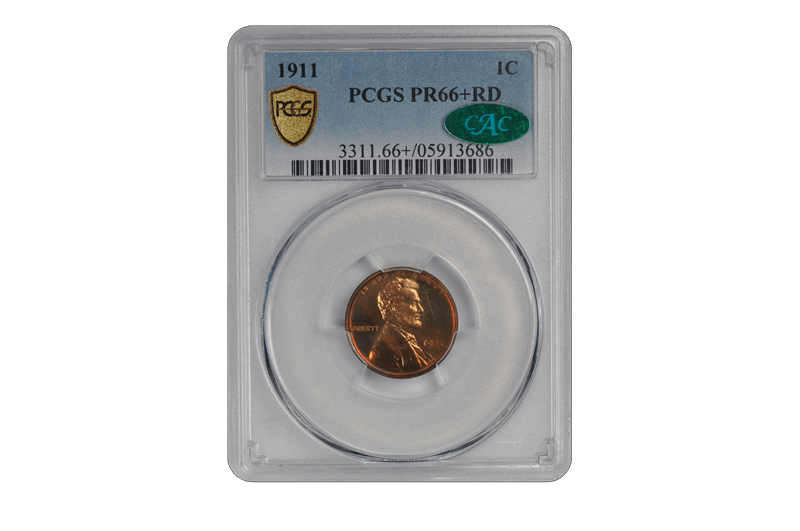 1911 1C Lincoln Cent - Type 1 Wheat Reverse PCGS RD (CAC) #3517-2 PR66+