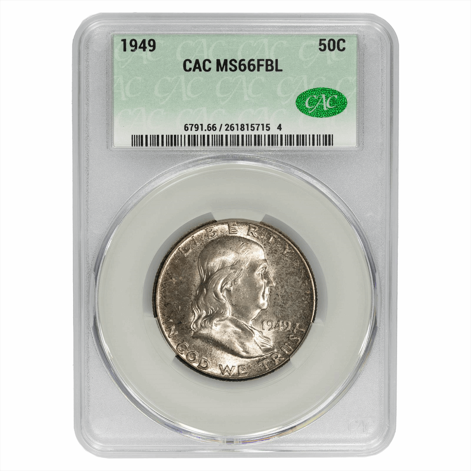 1949 Franklin Half Dollar 50C CACG MS 66 FBL CAC