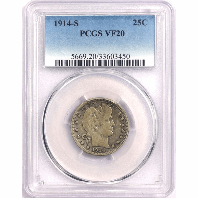 1914-S 25c Barber Silver Quarter - PCGS VF20 - Nice Original Coin