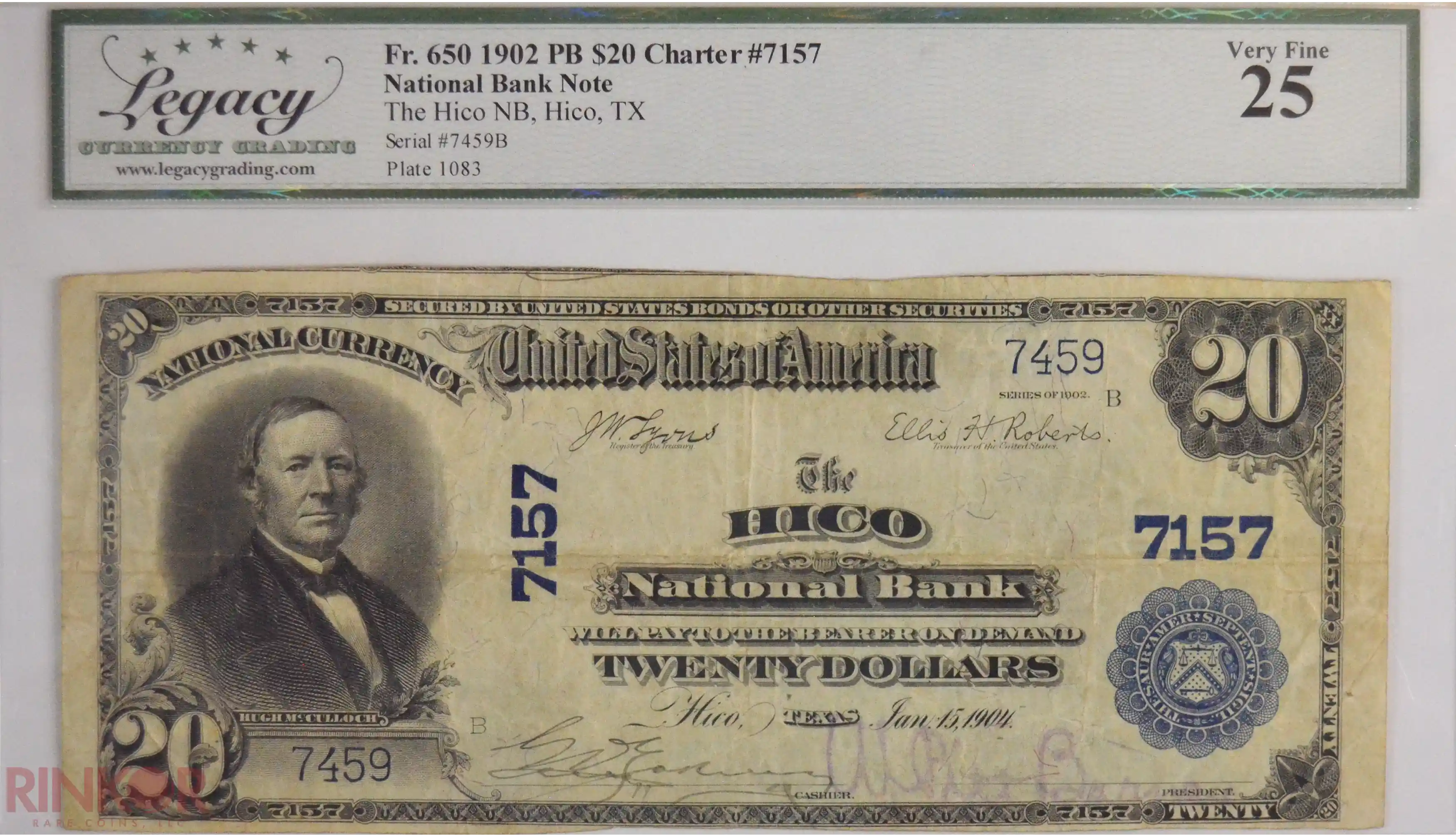 1902 Plain Back $20 Fr. 650 Charter #7157 National Bank Note LCG VF-25