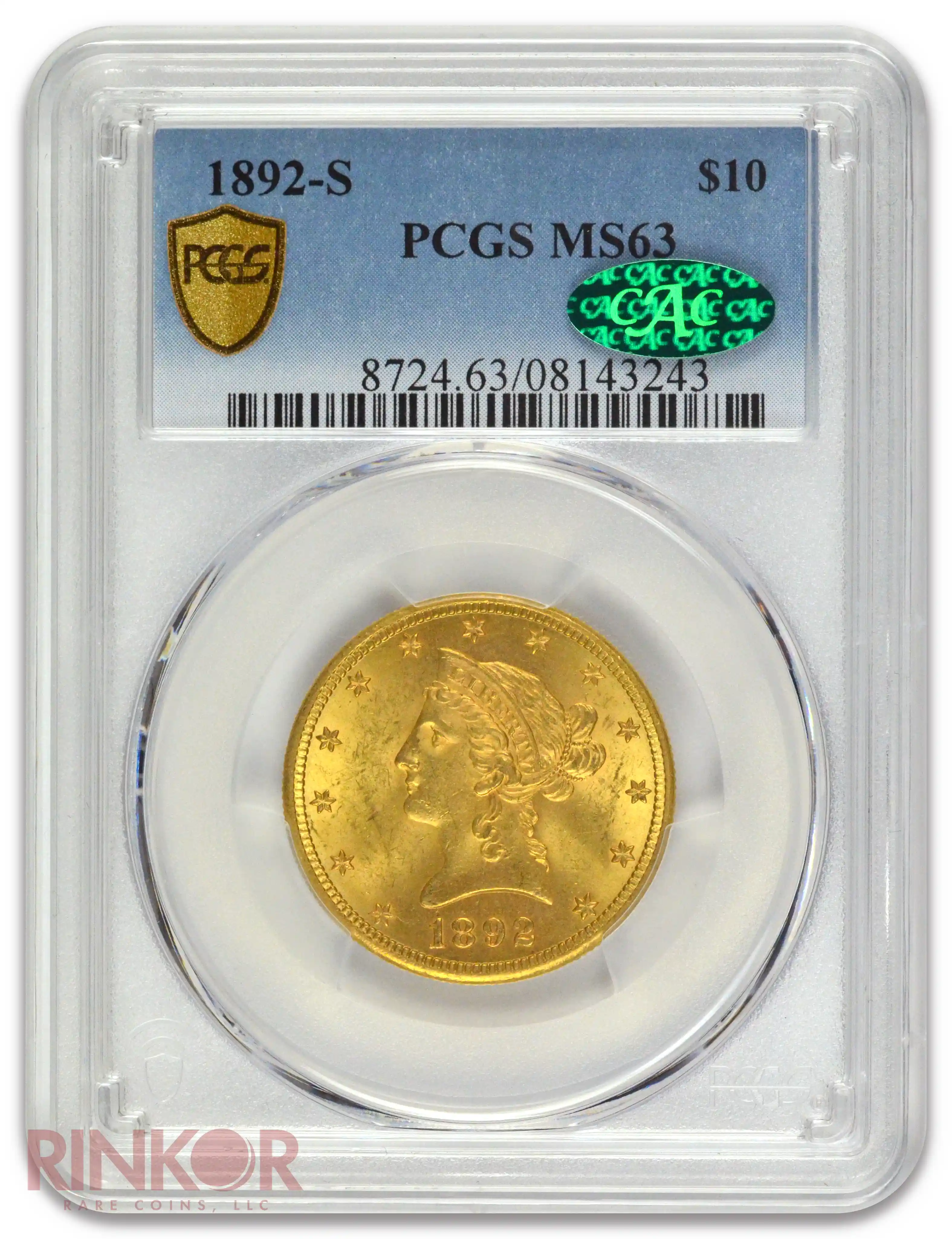 1892-S $10 Liberty Head PCGS MS 63 CAC