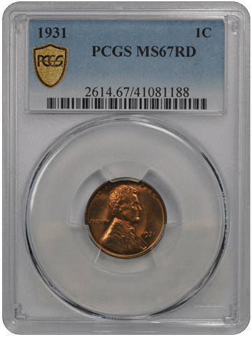 1931 1C Lincoln Cent - Type 1 Wheat Reverse PCGS RD #3413 MS67