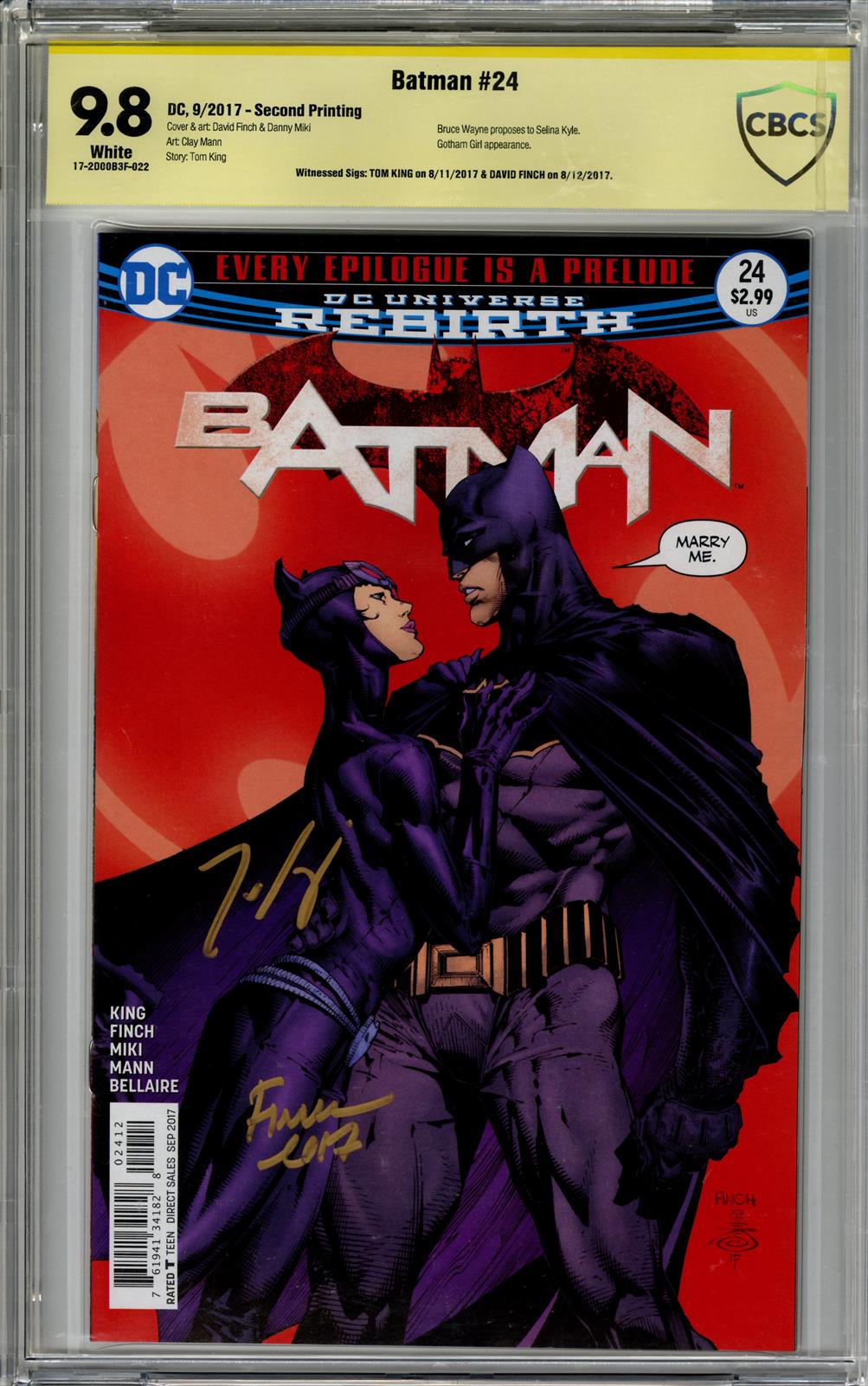 Batman #24 CBCS 9.8 (D.C., 2017) Signed by Tom King & David Finch 