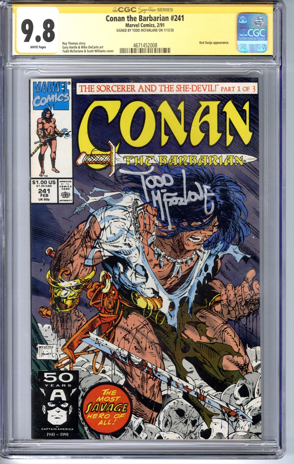 Conan The Barbarian #241 CGC 9.8 Signature Series Signed by Todd McFarlane 