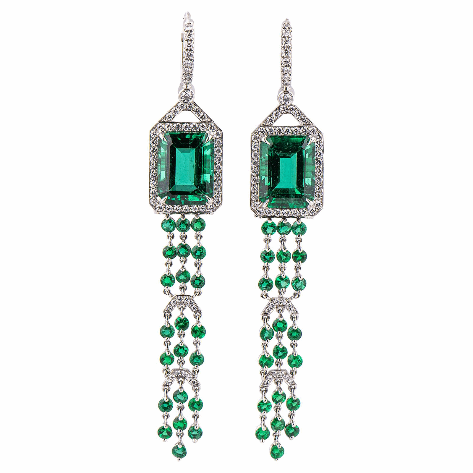 TIFFANY PLAT/EMERALD TASSEL EARRINGS 11.4CTS EMERALD 2.81CT EME 1.3CT DIA D-G COLOR-IF/VS2 