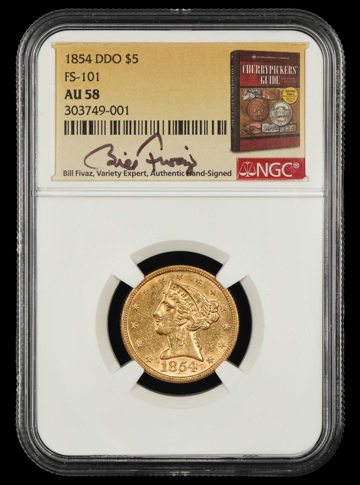1854 $5 Gold DDO FS-101 Bill Fivaz Signature Label NGC  AU58