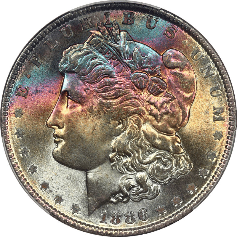 1886 Morgan Silver Dollar, PCGS MS67 Iridescent Gemstone Toning