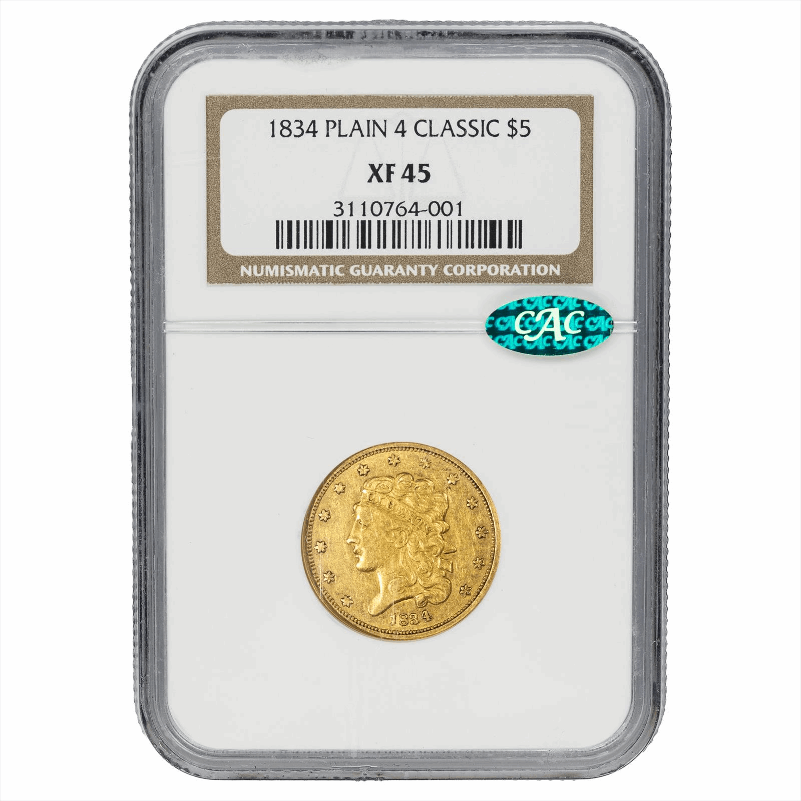 1834 Plain 4 Classic Head Half Eagle $5 NGC XF 45 CAC