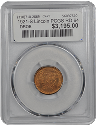 1921-S Lincoln PCGS RD 64