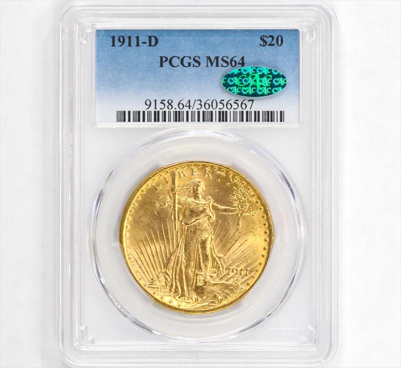 1911-D $20 St. Gaudens Gold Double Eagle PCGS MS64 - CAC Approved