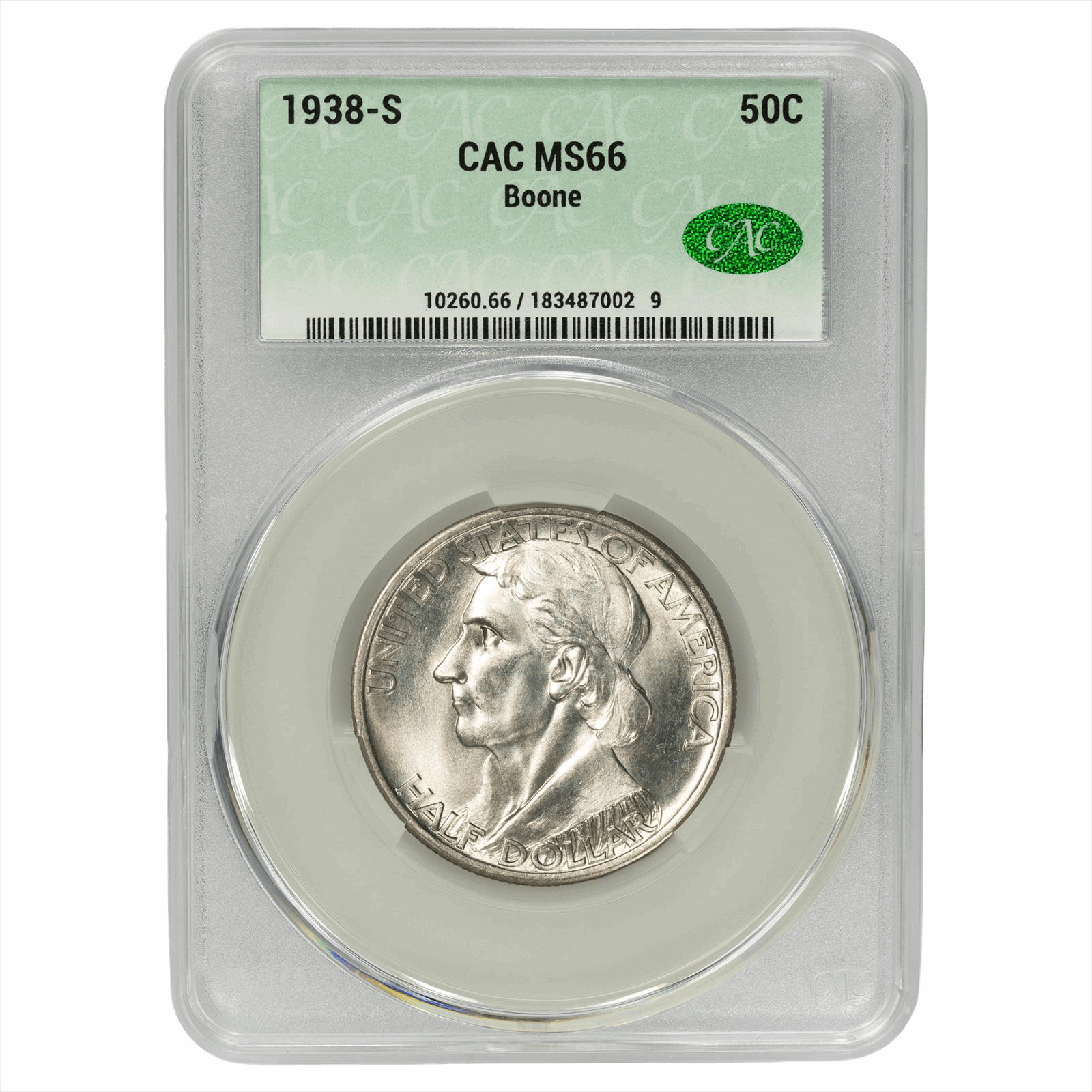 1938-S Boone Commemorative Half Dollar 50C CACG MS 66 CAC