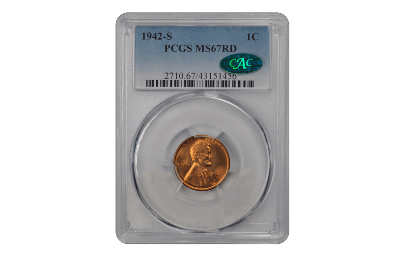 1942-S 1C Lincoln Cent - Type 1 Wheat Reverse PCGS RD (CAC) #3689-6 MS67