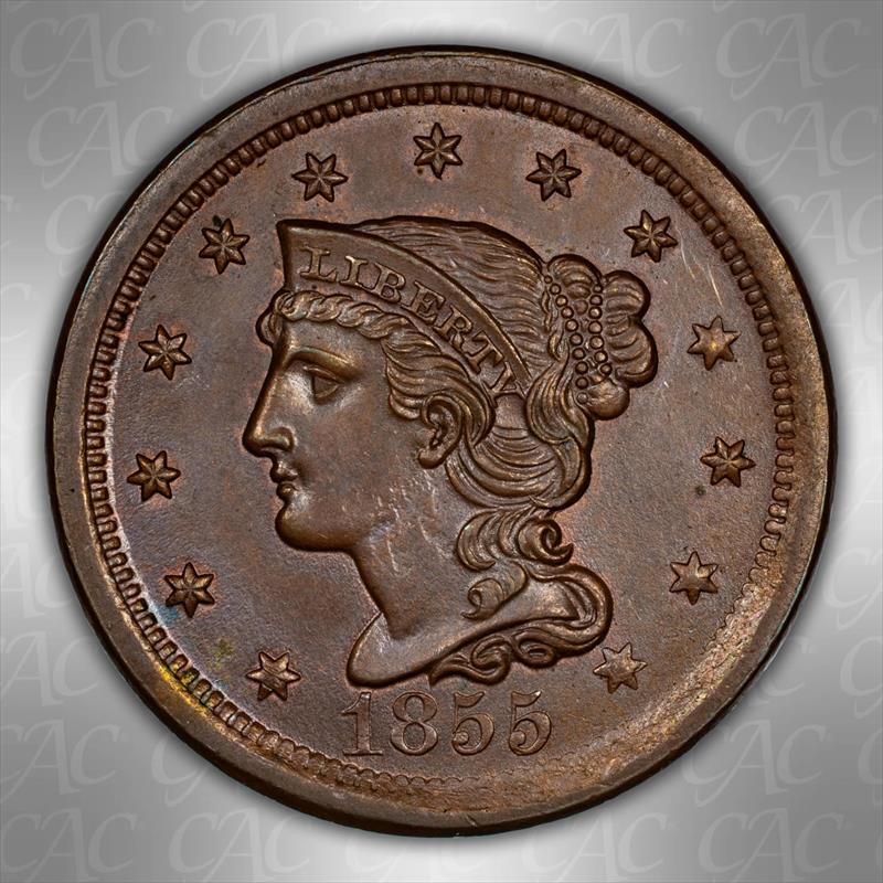 1855 Upright 55 1C CACG MS 65 BN 