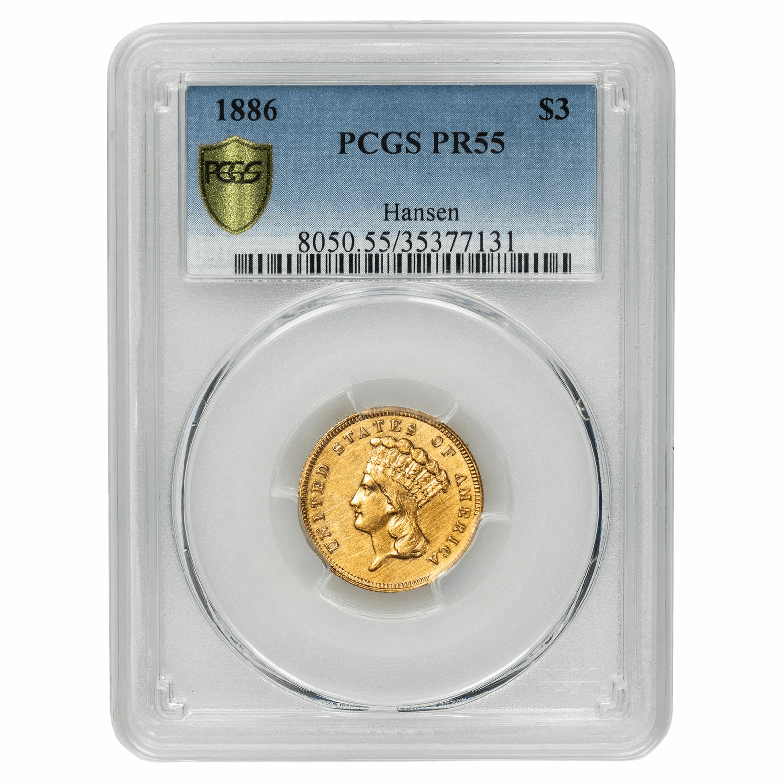 1886 Indian Princess Head Gold Three Dollars $3 Hansen PCGS PR 55