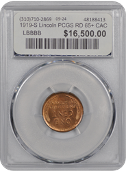 1919-S Lincoln PCGS CAC RD 65+ 