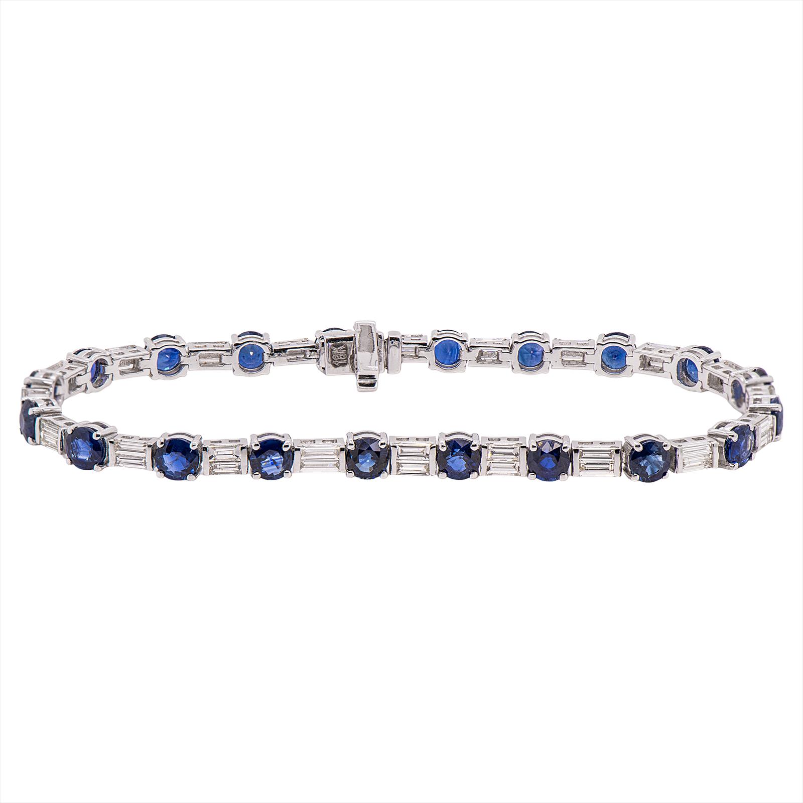 18KW Blue Sapphire & Diamond Baguette Bracelet - 6.71CT Saph - 1.59CT Dia GH, VS - 7 inch - 11.41g 