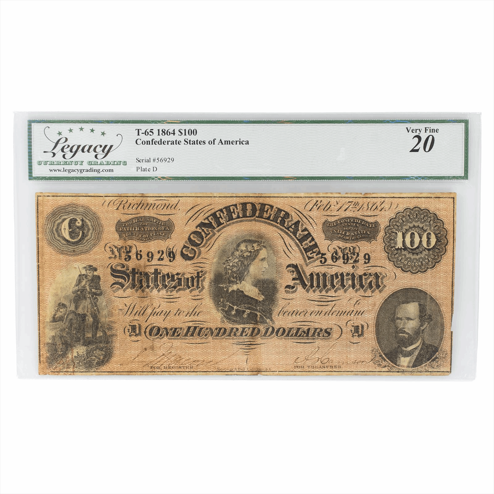 1864 T65 Confederate States of America Note $100 Legacy VF 20