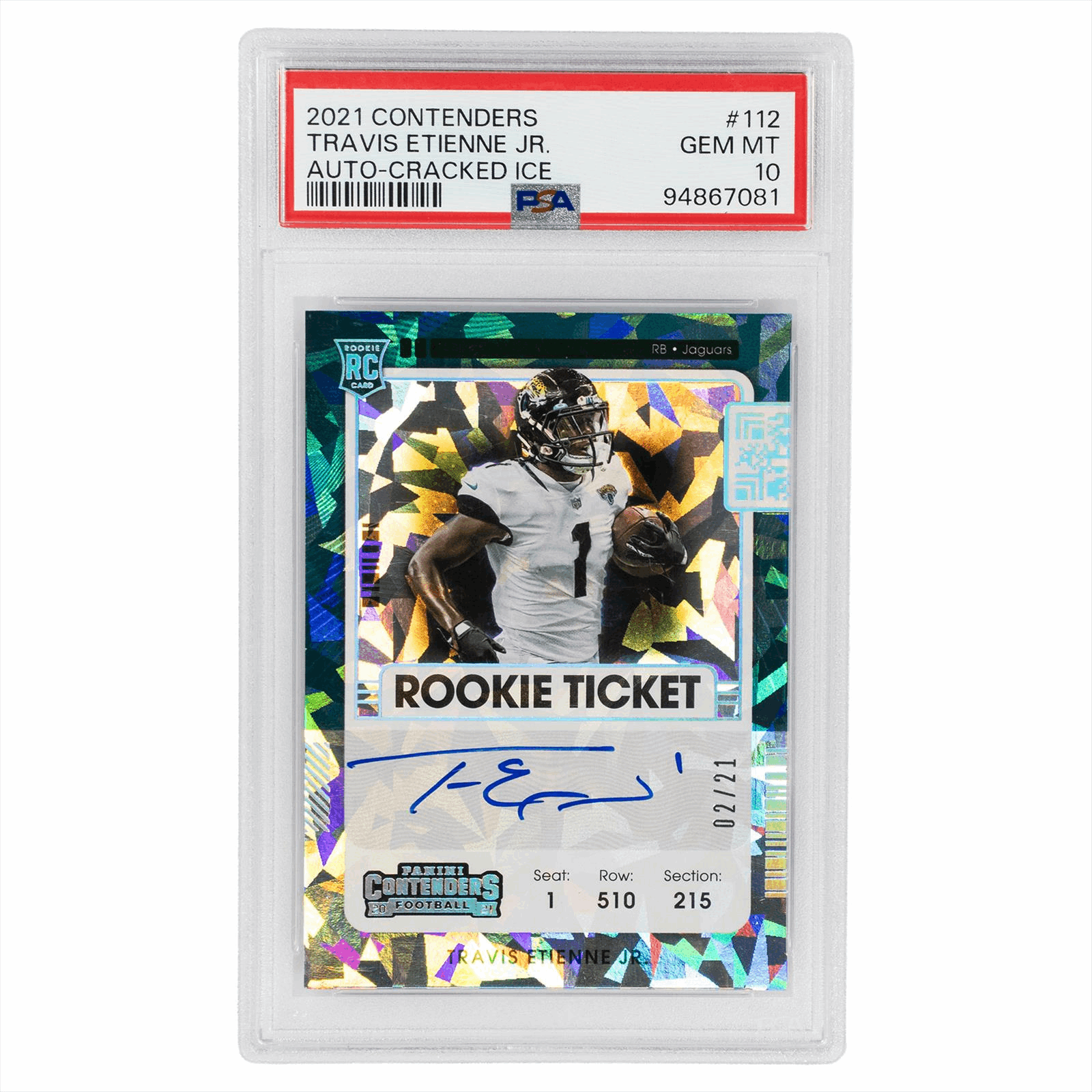 2021 Panini Contenders Travis Etienne Jr. Auto-Cracked Ice #112 PSA GEM MT 10 Cert #94867081