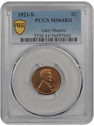 1921-S Lincoln PCGS RD 64