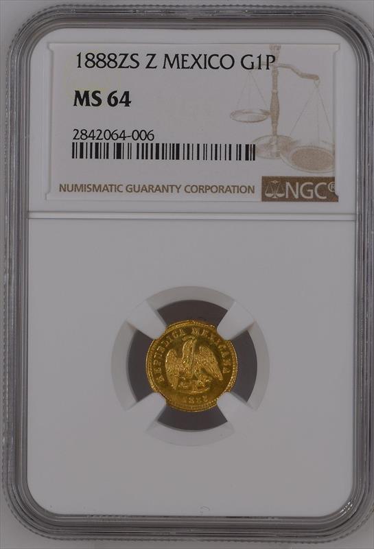 1888 Zs Z Mexico Gold 1 Peso NGC MS 64