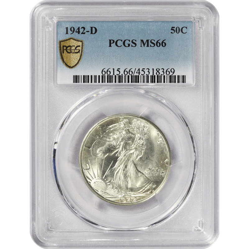 1942-D Walking Liberty Half Dollar 50c, PCGS MS 66  - Nice White Coin