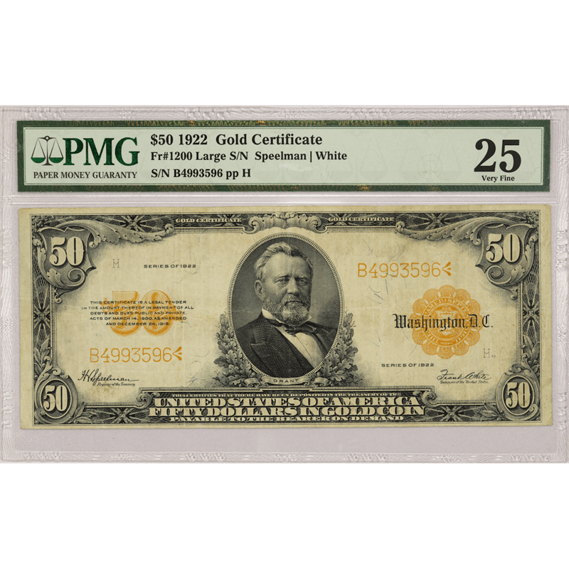 1922 $50 Large Gold Certificate, PMG VF 25 - FR#1200 