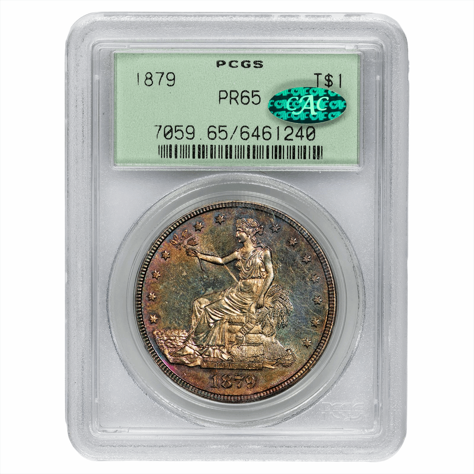 1879 Silver Trade Dollar T$1 PCGS PR 65 CAC - Green Tag, Lovely Toning